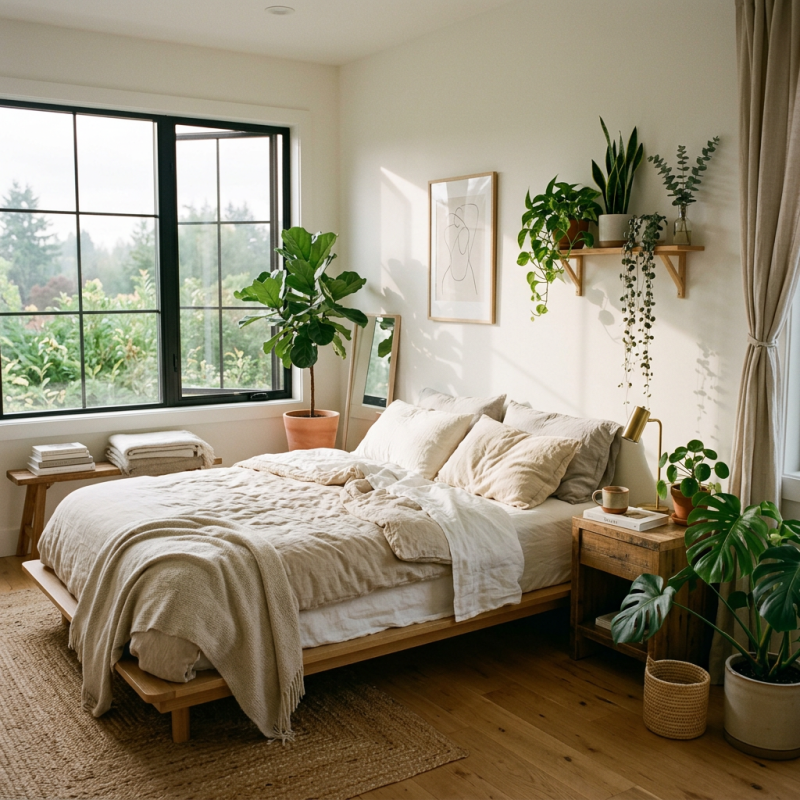 Bedroom with beige bedding, wooden furniture, large window, and several houseplants